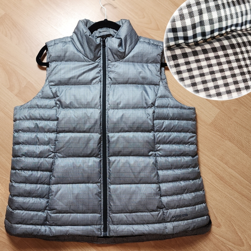 Lands' End Down Fill Black White‎ Plaid Puffer Vest Women's Size Large Petite LP